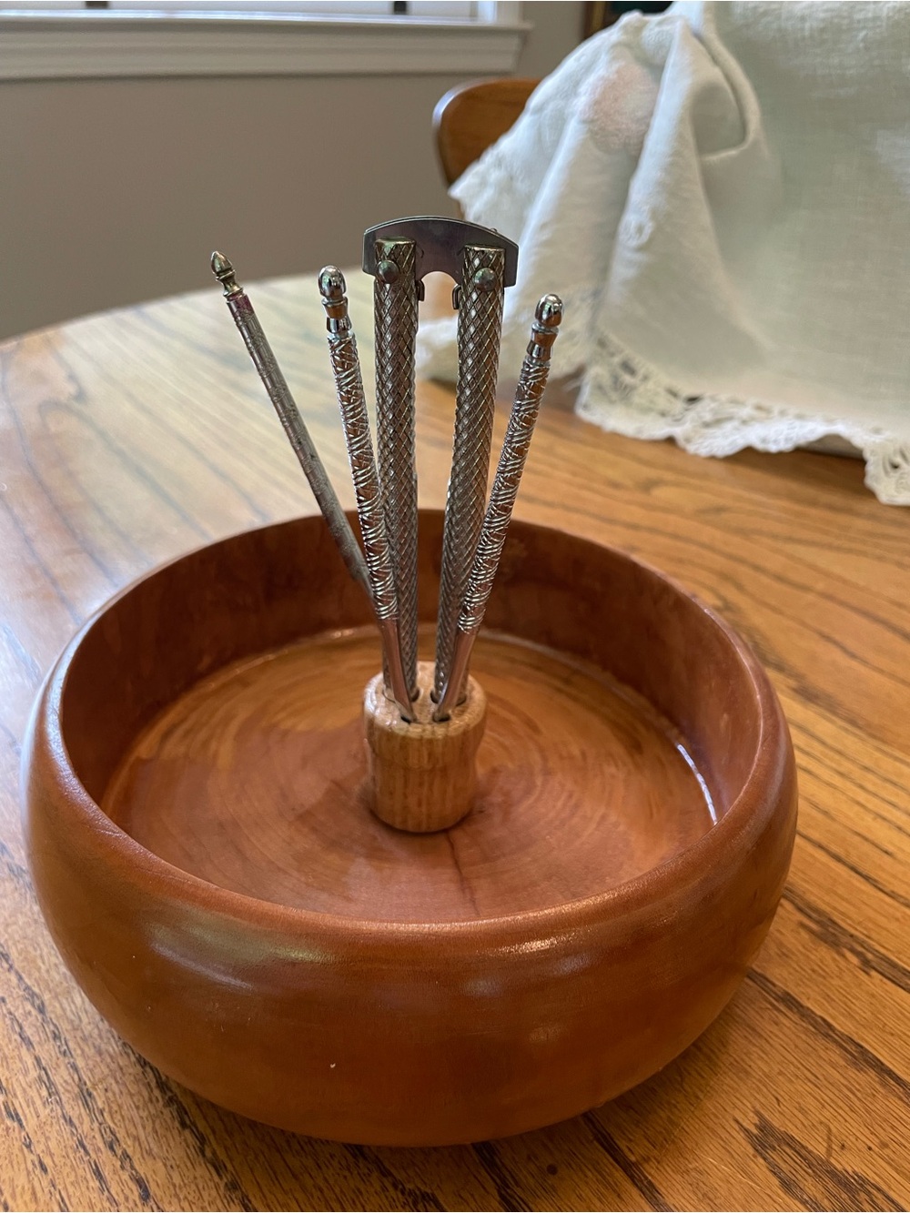 Wooden Nut Bowl with 2 Silver-Tone nutcrackers & 4 Picks